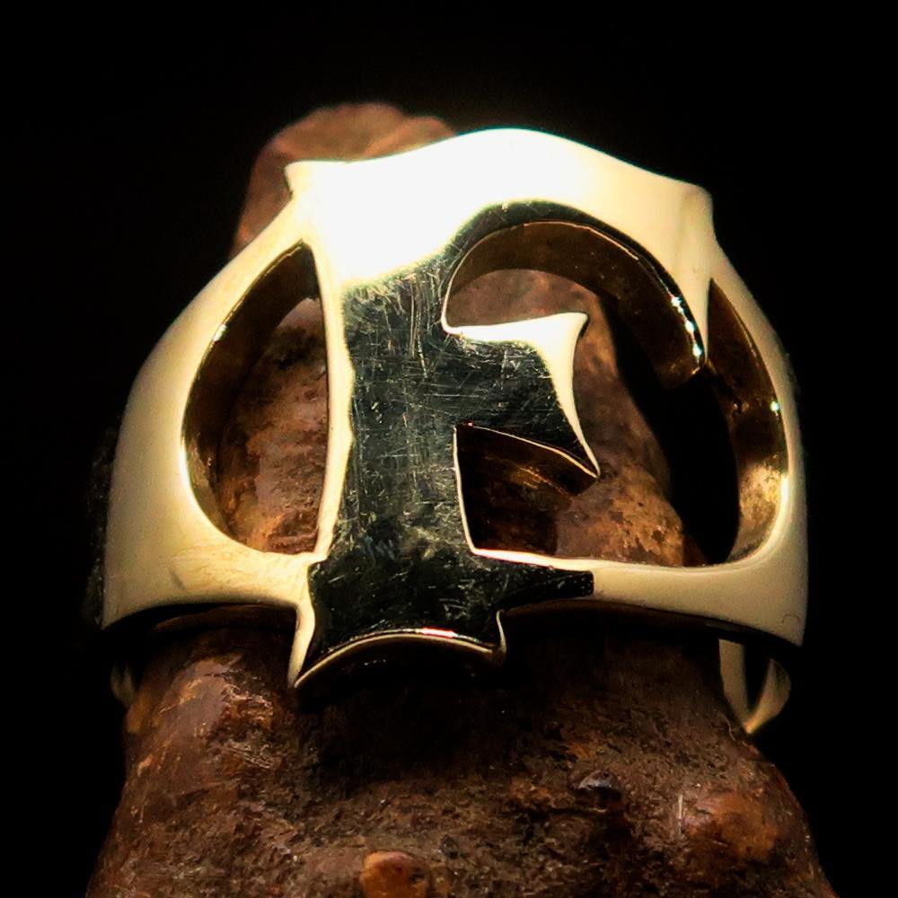 Mirror polished men's brass initial ring featuring a bold letter F, showcasing a high shine finish and elegant design.
