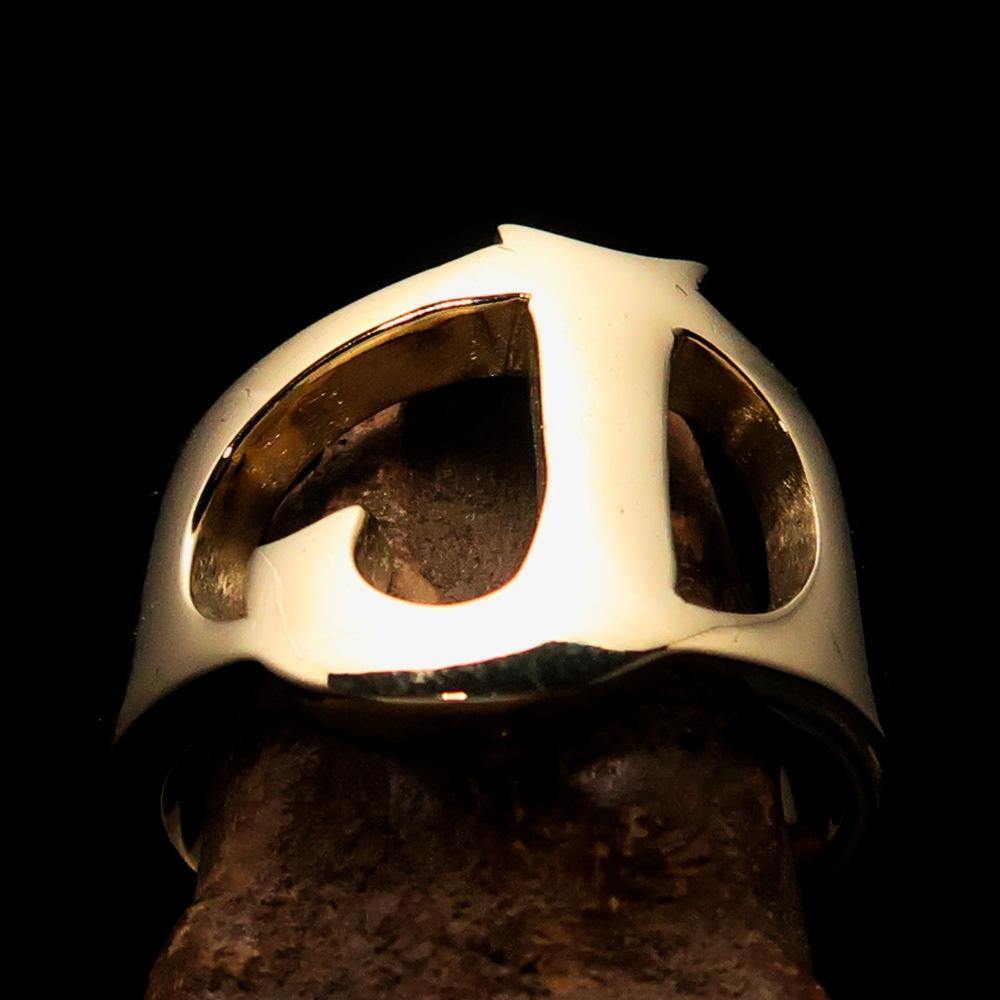 Mirror polished men's brass initial ring featuring a bold letter J, showcasing a sleek and sophisticated design.