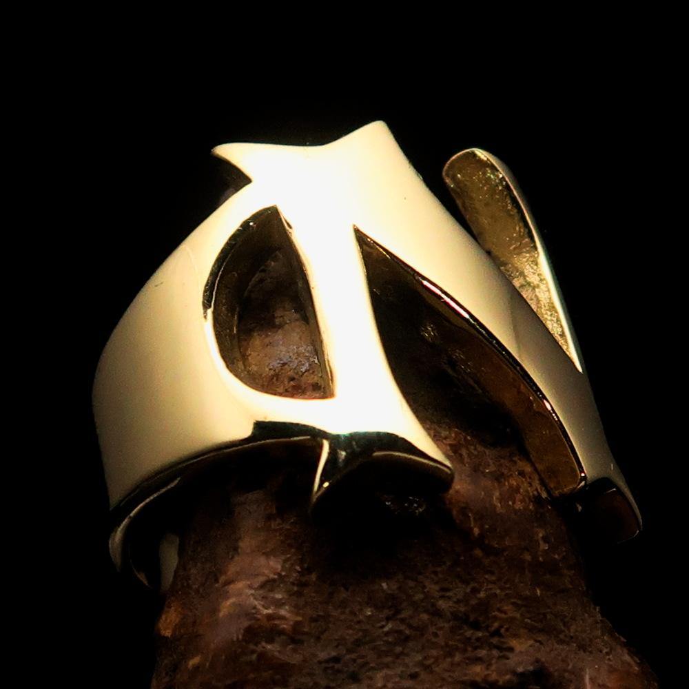 Mirror polished men's brass initial ring with bold letter N, showcasing a sleek and stylish design.