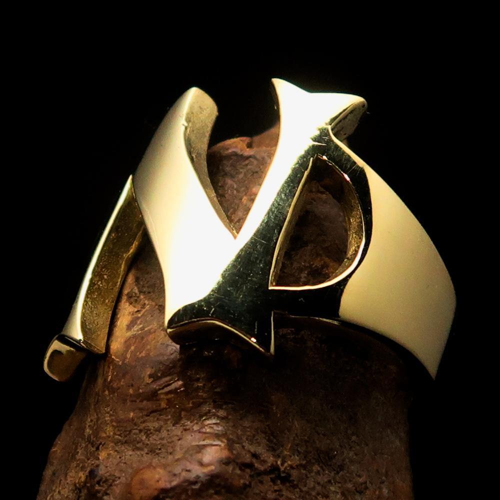 Mirror polished men's brass initial ring with bold letter N, showcasing a sleek and stylish design.