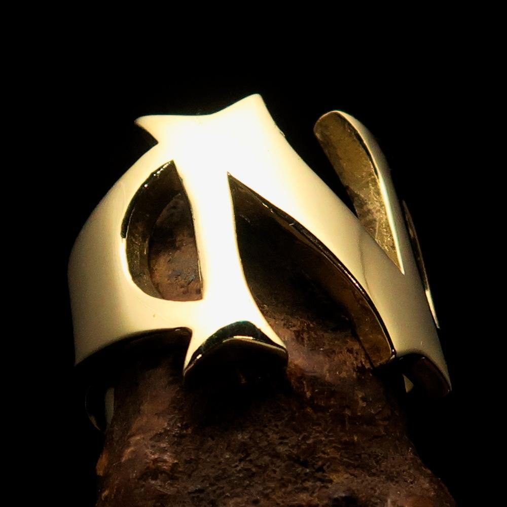 Mirror polished men's brass initial ring with bold letter N, showcasing a sleek and stylish design.