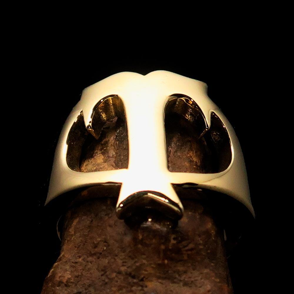 Mirror polished men's brass initial ring featuring a bold letter T, showcasing its sleek design and high polished finish.