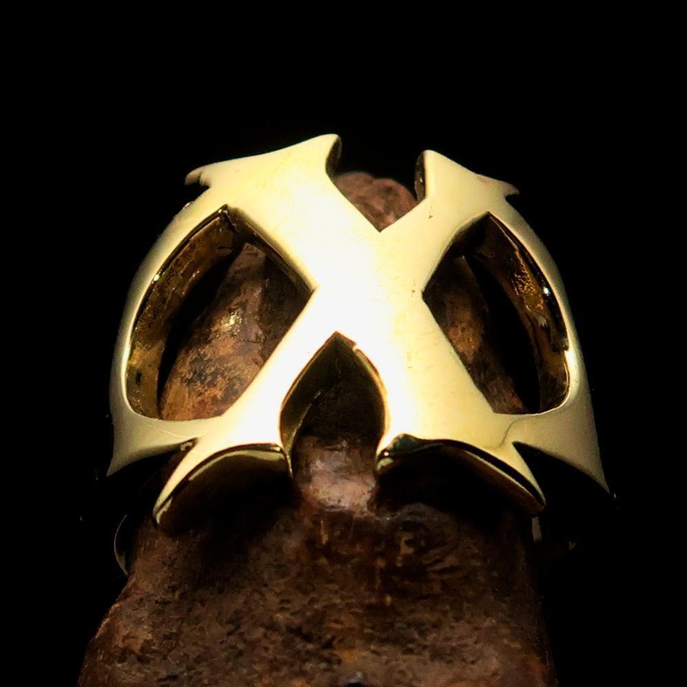 Mirror polished men's brass initial ring featuring a bold letter X, showcasing a shiny finish and elegant design.