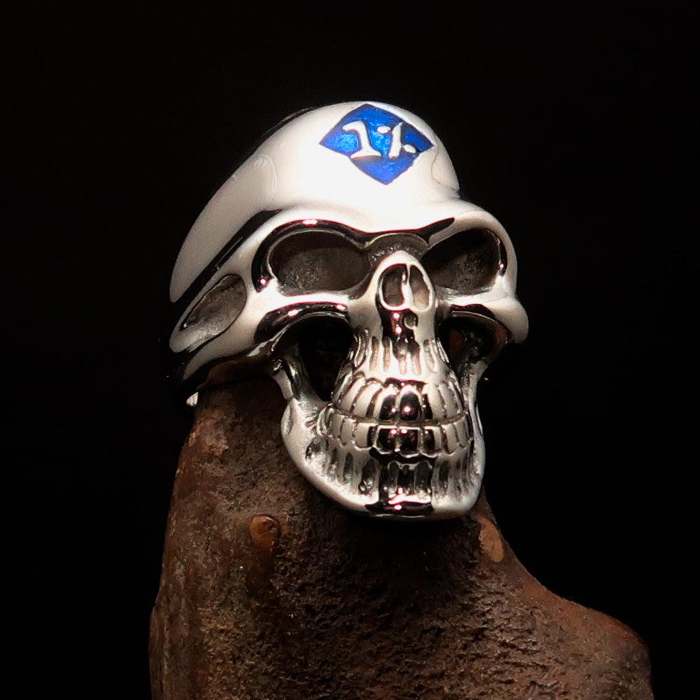 Mirror polished Men's Outlaw Biker Ring featuring a blue enamel skull design, crafted from solid sterling silver with a high-polished finish.