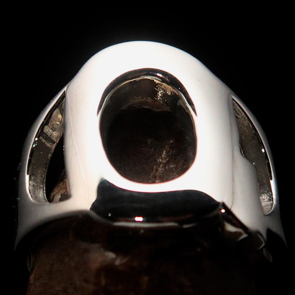 Mirror polished Men's Sterling Silver Initial Ring featuring a bold Letter Q, showcasing its shiny surface and elegant design.