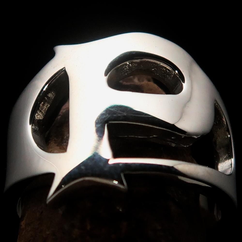 Mirror polished Men's Sterling Silver Initial Ring featuring a bold letter P, showcasing its high-quality craftsmanship and elegant design.