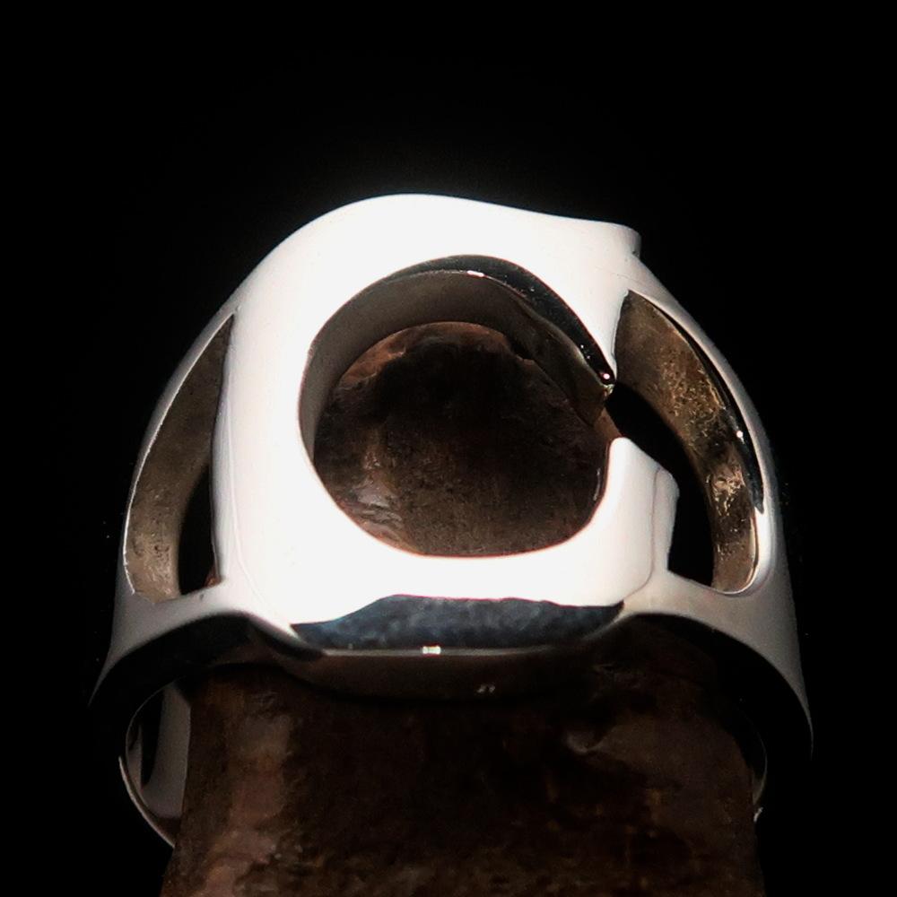 Mirror polished men's sterling silver initial ring featuring a bold letter C, showcasing its high shine and elegant design.