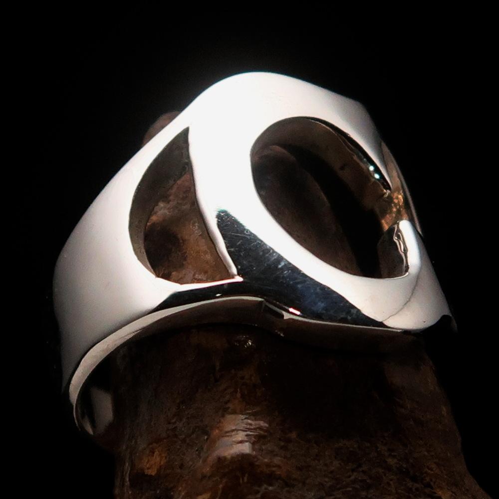 Mirror polished men's sterling silver initial ring featuring a bold letter C, showcasing its high shine and elegant design.
