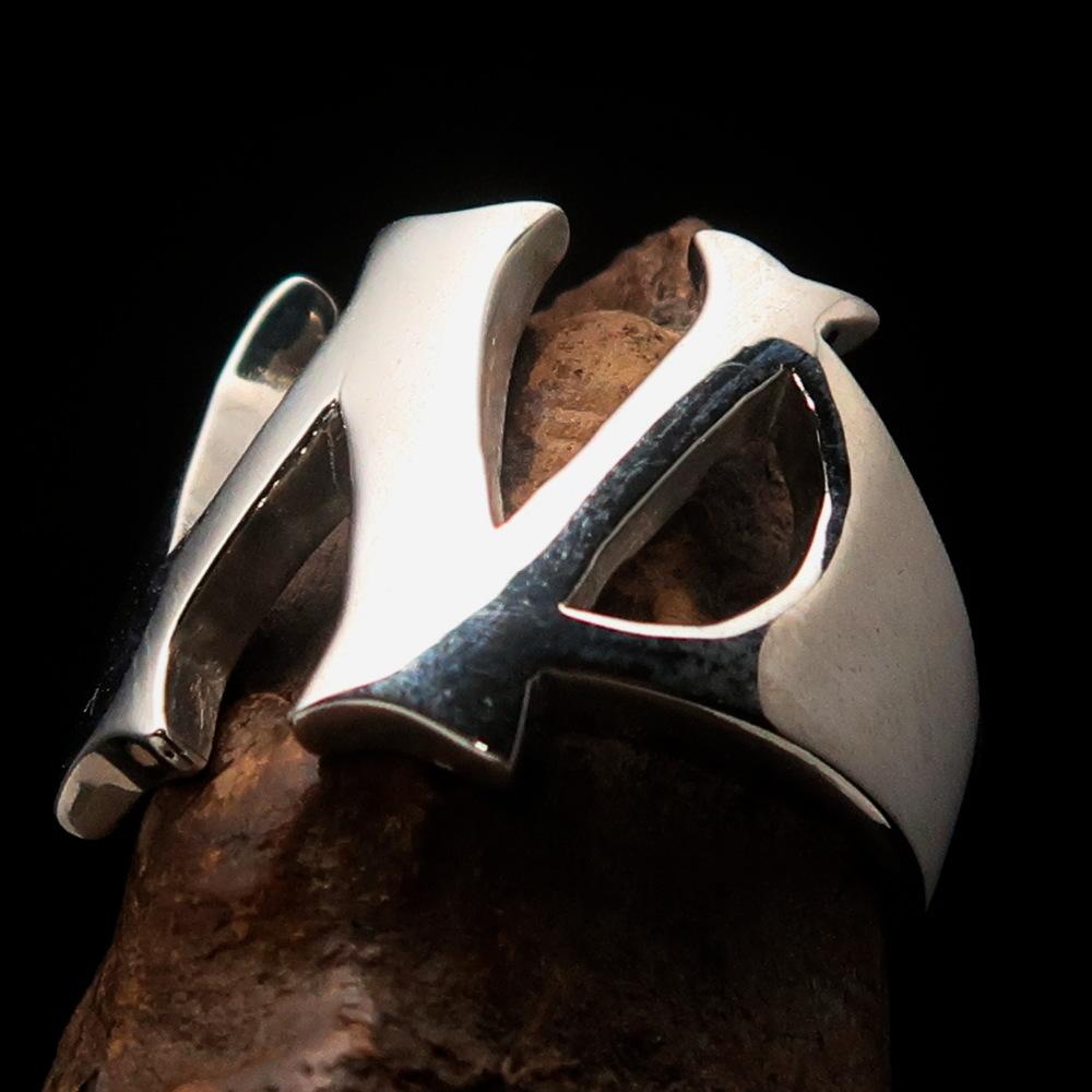 Mirror polished Men's Sterling Silver Initial Ring featuring a bold letter W, showcasing its high-quality craftsmanship and shine.