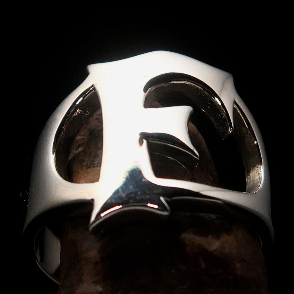 Mirror polished Men's Sterling Silver Initial Ring featuring a bold Letter F, showcasing its high polish and elegant design.