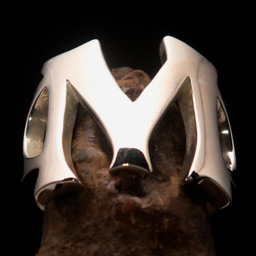 Mirror polished Men's Sterling Silver Initial Ring featuring a bold letter M, showcasing its high polish and quality craftsmanship.