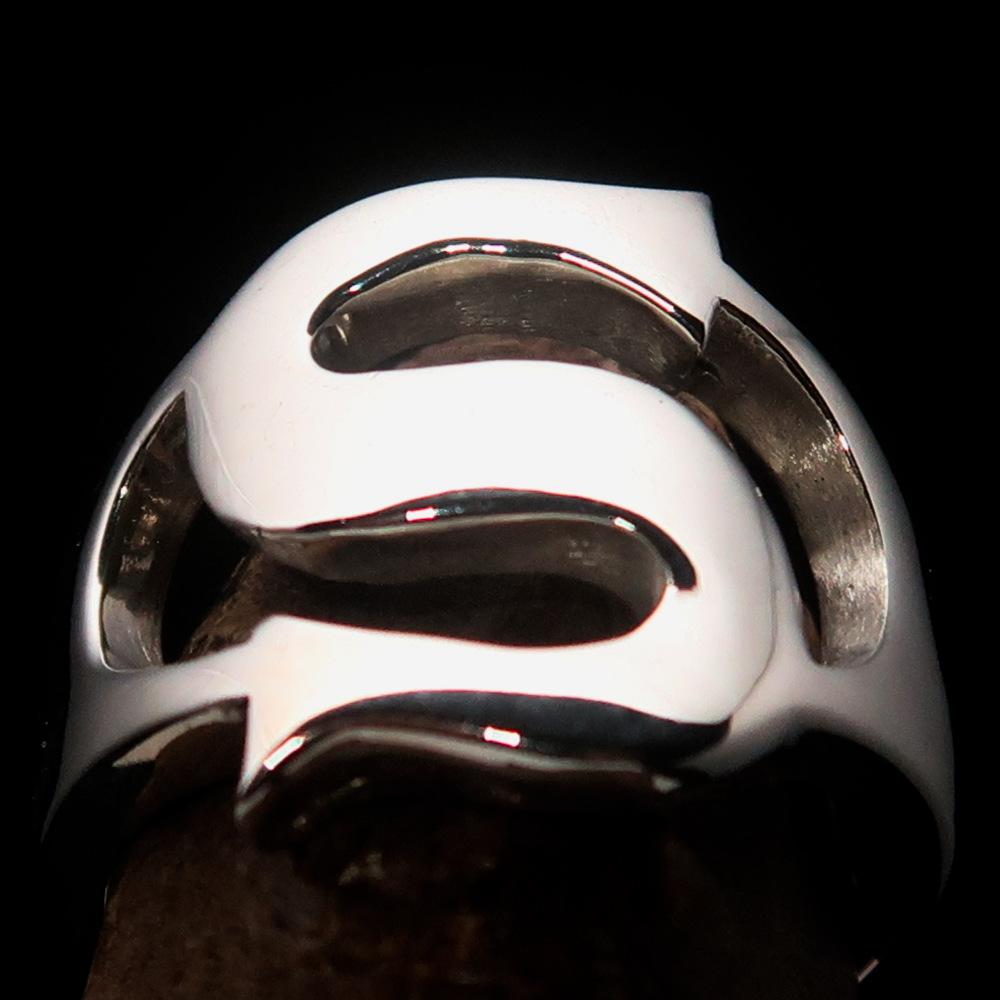 Mirror polished Men's Sterling Silver Initial Ring featuring a bold letter S, showcasing its high polish and elegant design.