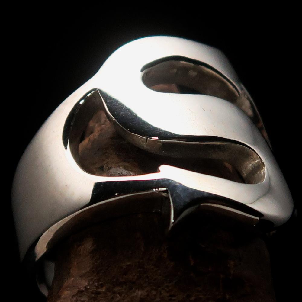 Mirror polished Men's Sterling Silver Initial Ring featuring a bold letter S, showcasing its high polish and elegant design.