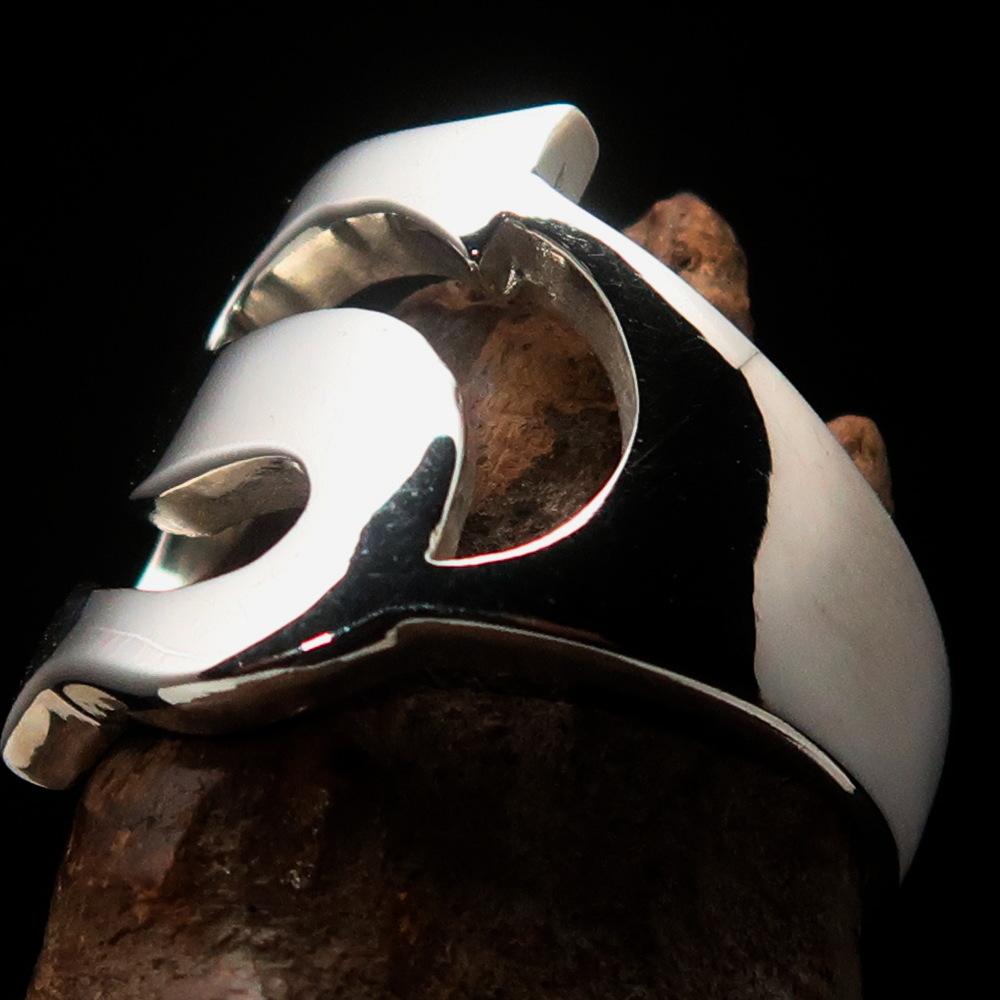 Mirror polished Men's Sterling Silver Initial Ring featuring a bold letter S, showcasing its high polish and elegant design.