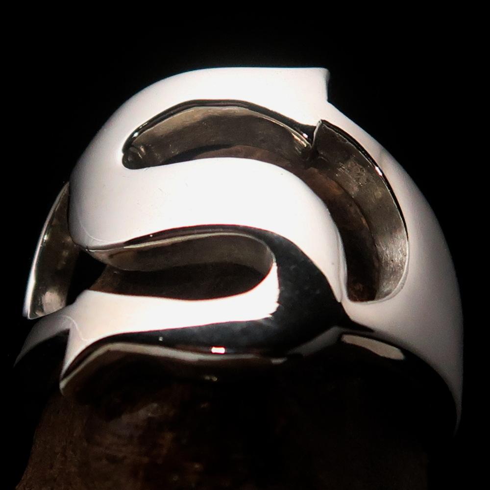 Mirror polished Men's Sterling Silver Initial Ring featuring a bold letter S, showcasing its high polish and elegant design.