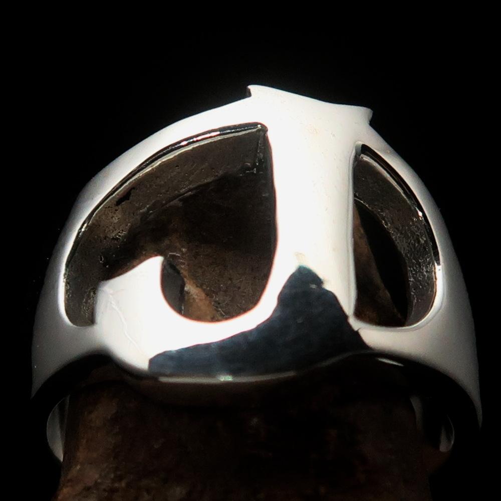 Mirror polished Men's Sterling Silver Initial Ring with bold letter J, showcasing its high shine and elegant design.