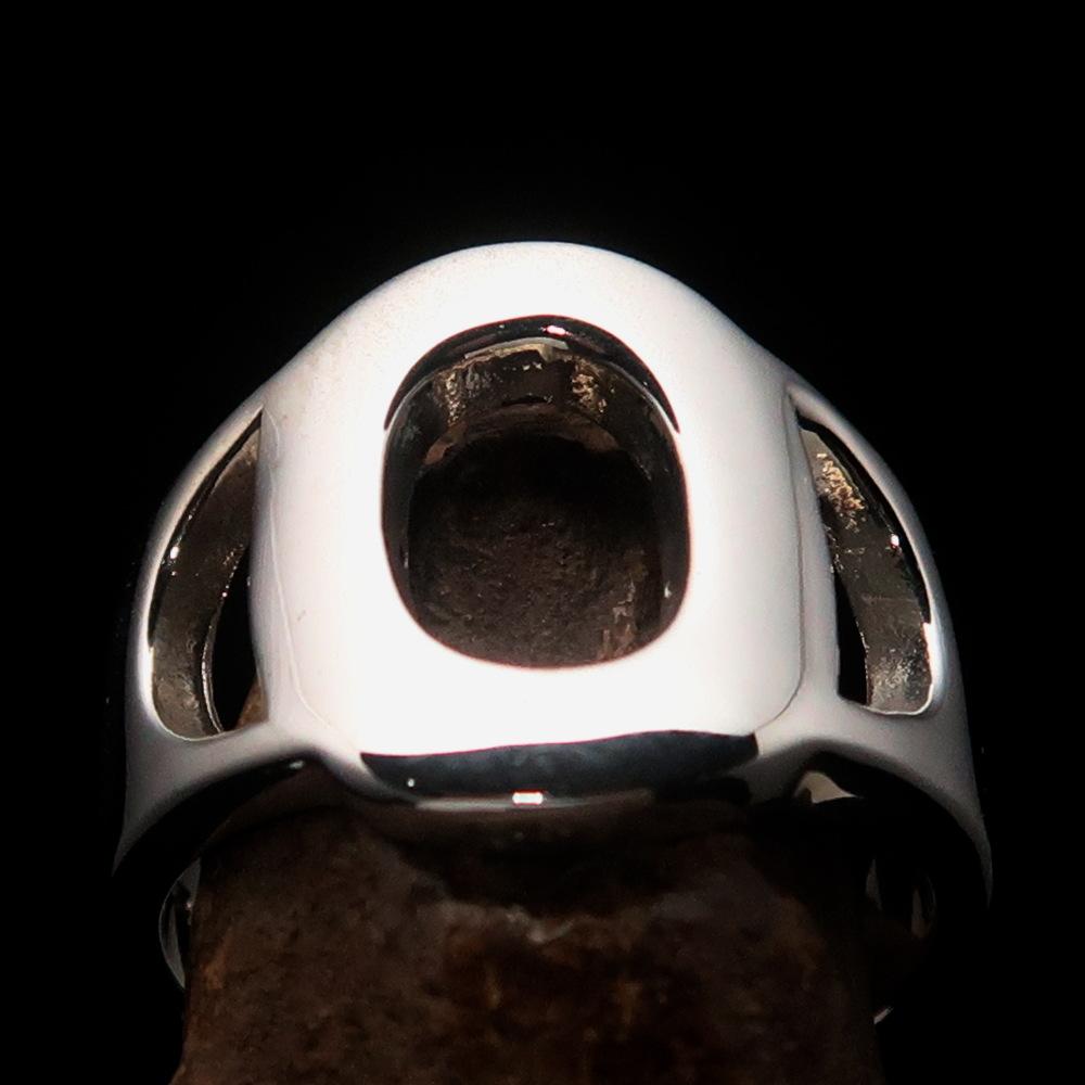 Mirror polished Men's Sterling Silver Initial Ring featuring a bold letter O, showcasing its high shine and elegant design.