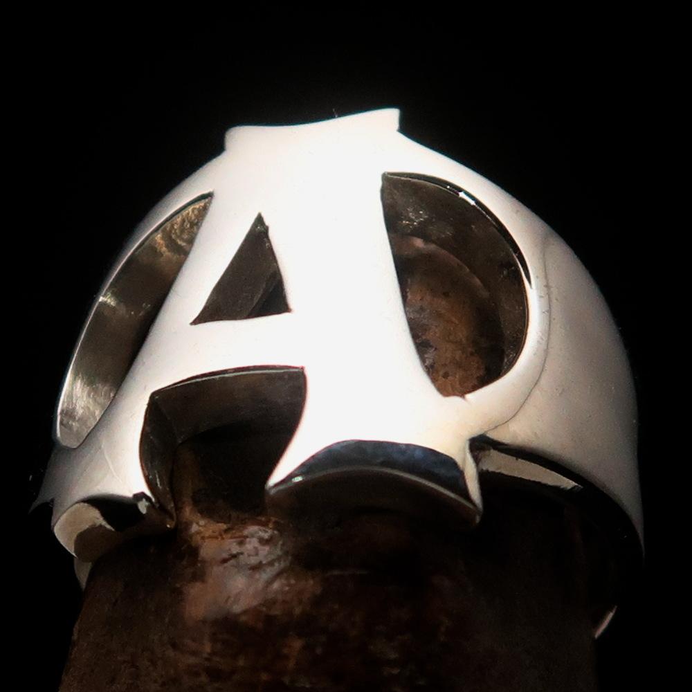 Mirror polished Men's Sterling Silver Initial Ring featuring a bold letter A, showcasing its high polish and elegant design.