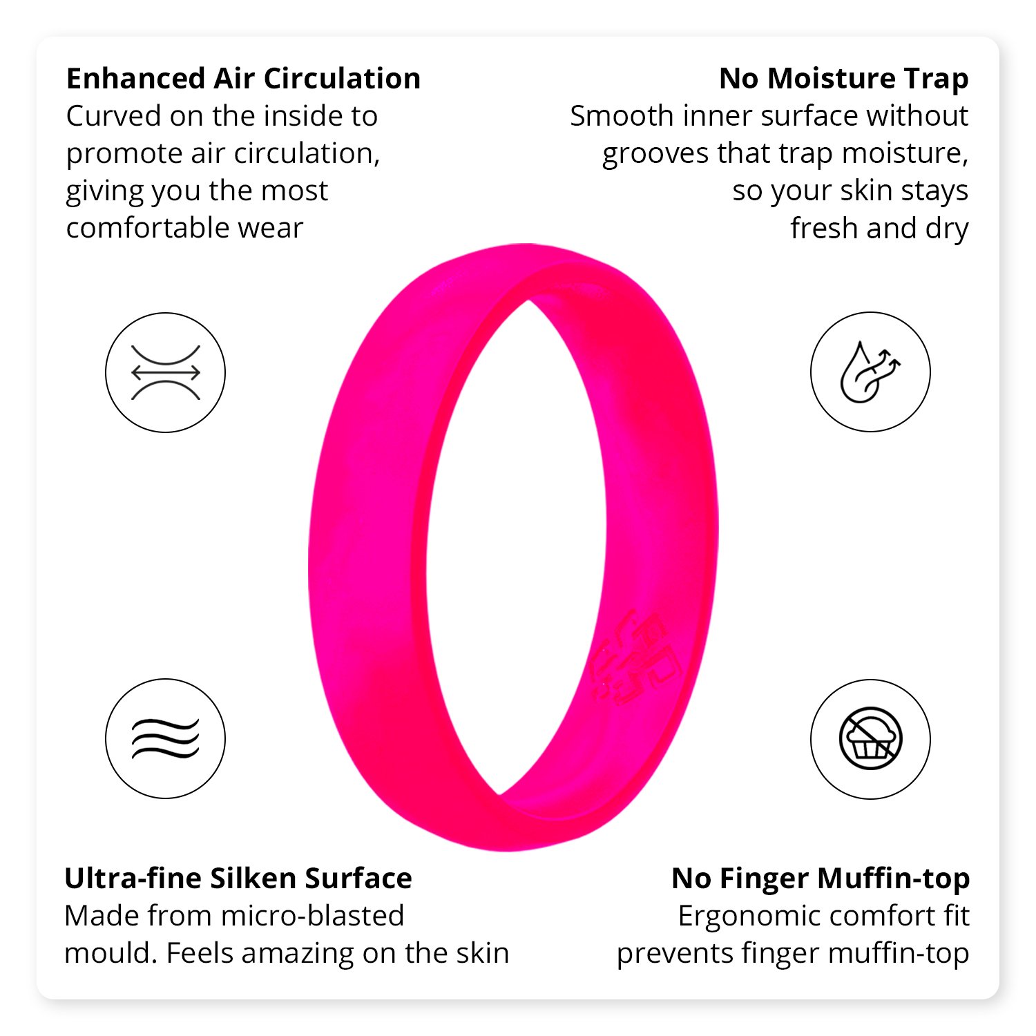 Neon hot pink breathable silicone ring with a sleek bevel design, showcasing its smooth surface and ergonomic fit.