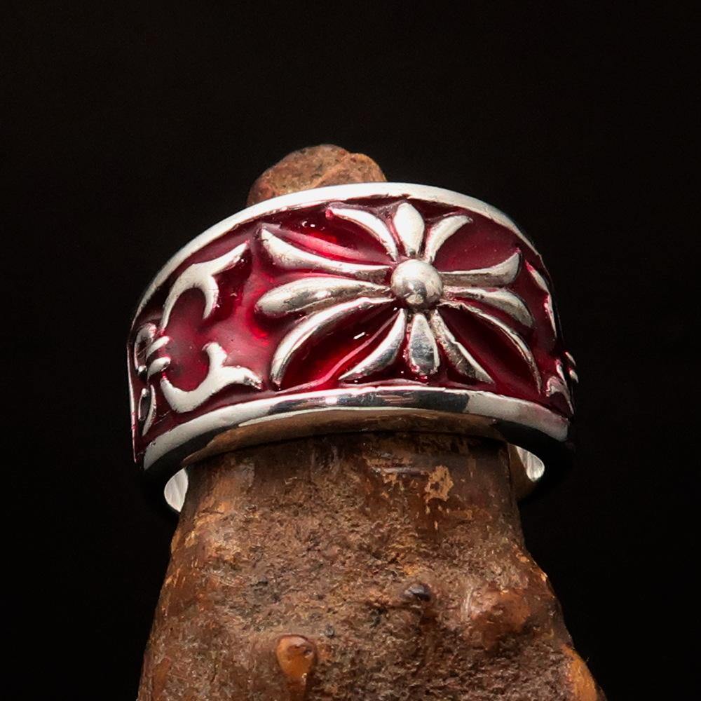 Men's Fleur de Lis Ring in red enamel, crafted from solid sterling silver with a polished finish.
