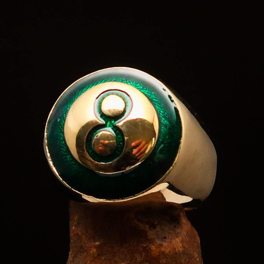 Solid brass Men's Number Ring featuring a polished green domed design with the number 8, showcasing its elegant craftsmanship.