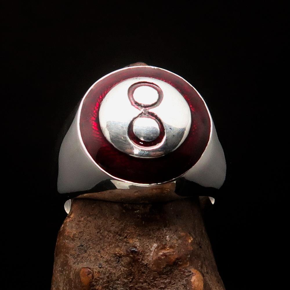 Men's Number Ring in red 8 Eight, crafted from solid Sterling Silver with a high-polished finish and enamel detailing.