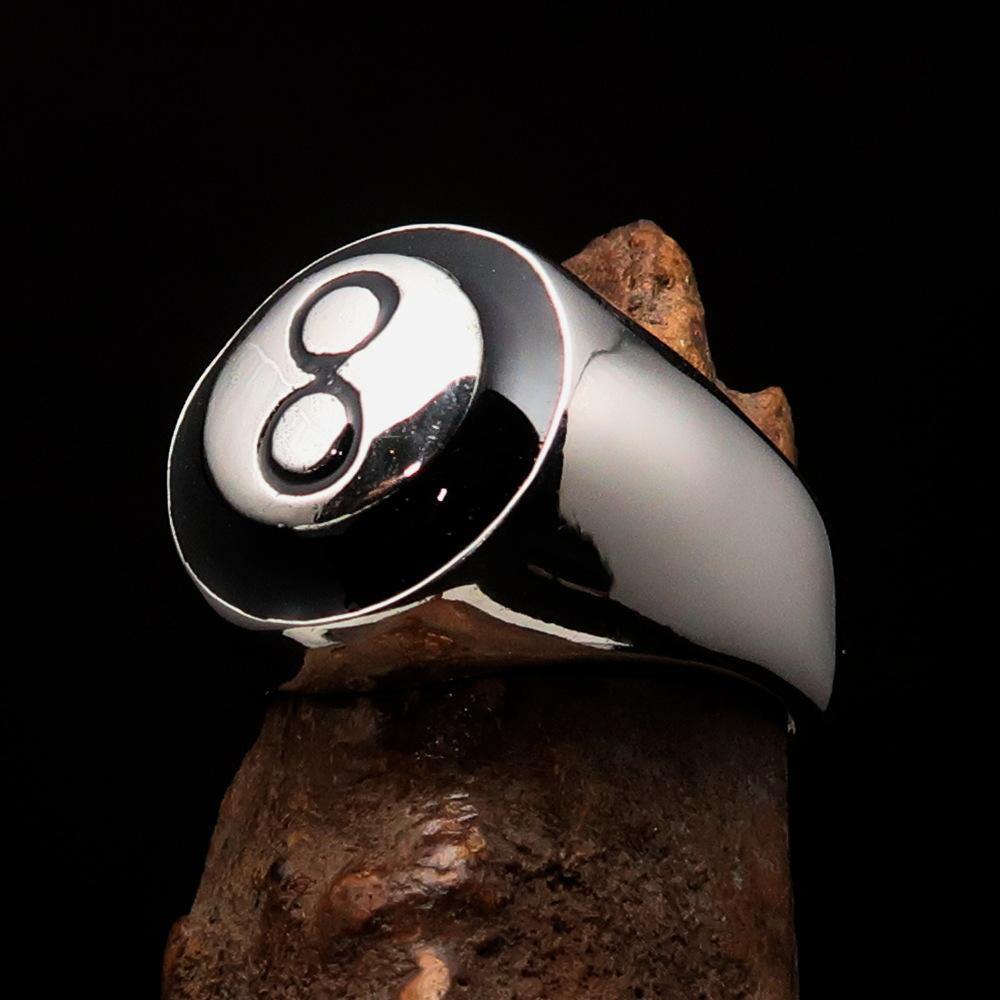 Men's Pool Player Ring in solid sterling silver with a black domed design featuring the number 8, showcasing its high-polished finish.