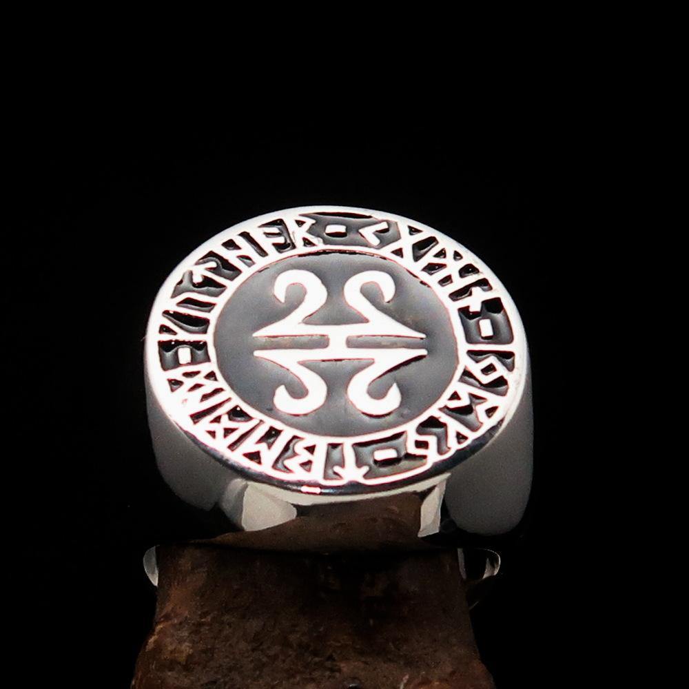 Men's ancient Viking runes ring in black sterling silver, featuring intricate rune designs and a polished finish.