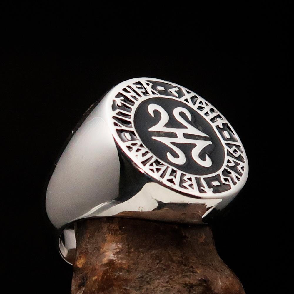Men's ancient Viking runes ring in black sterling silver, featuring intricate rune designs and a polished finish.