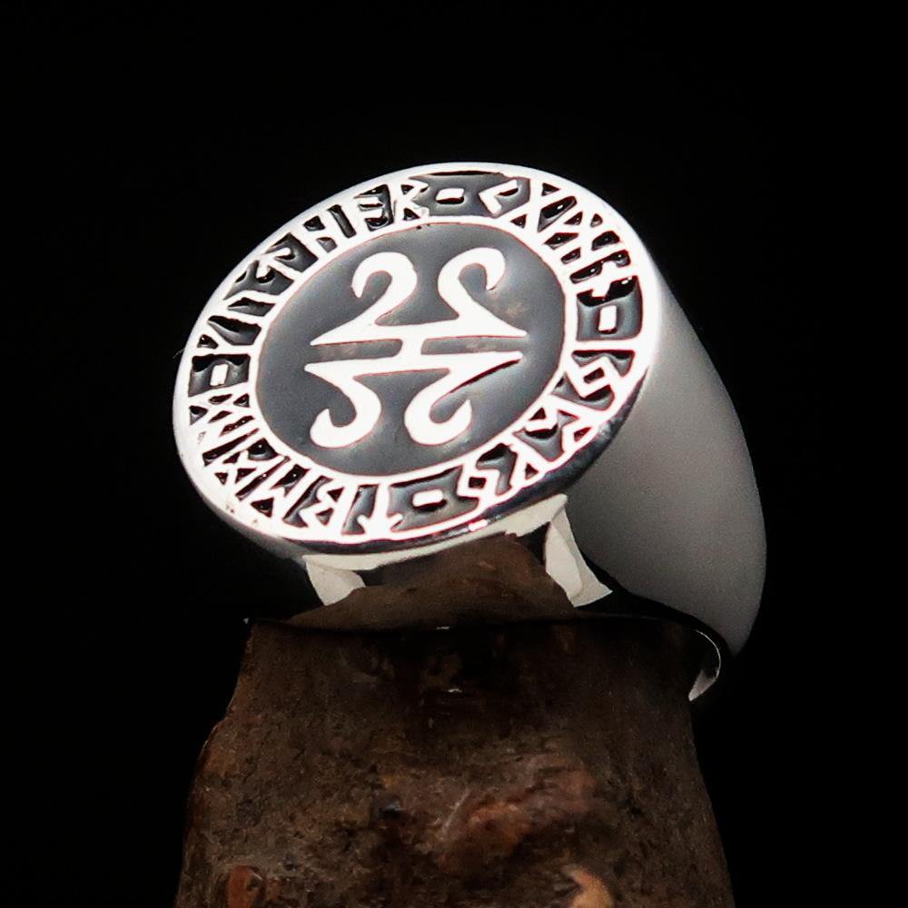 Men's ancient Viking runes ring in black sterling silver, featuring intricate rune designs and a polished finish.