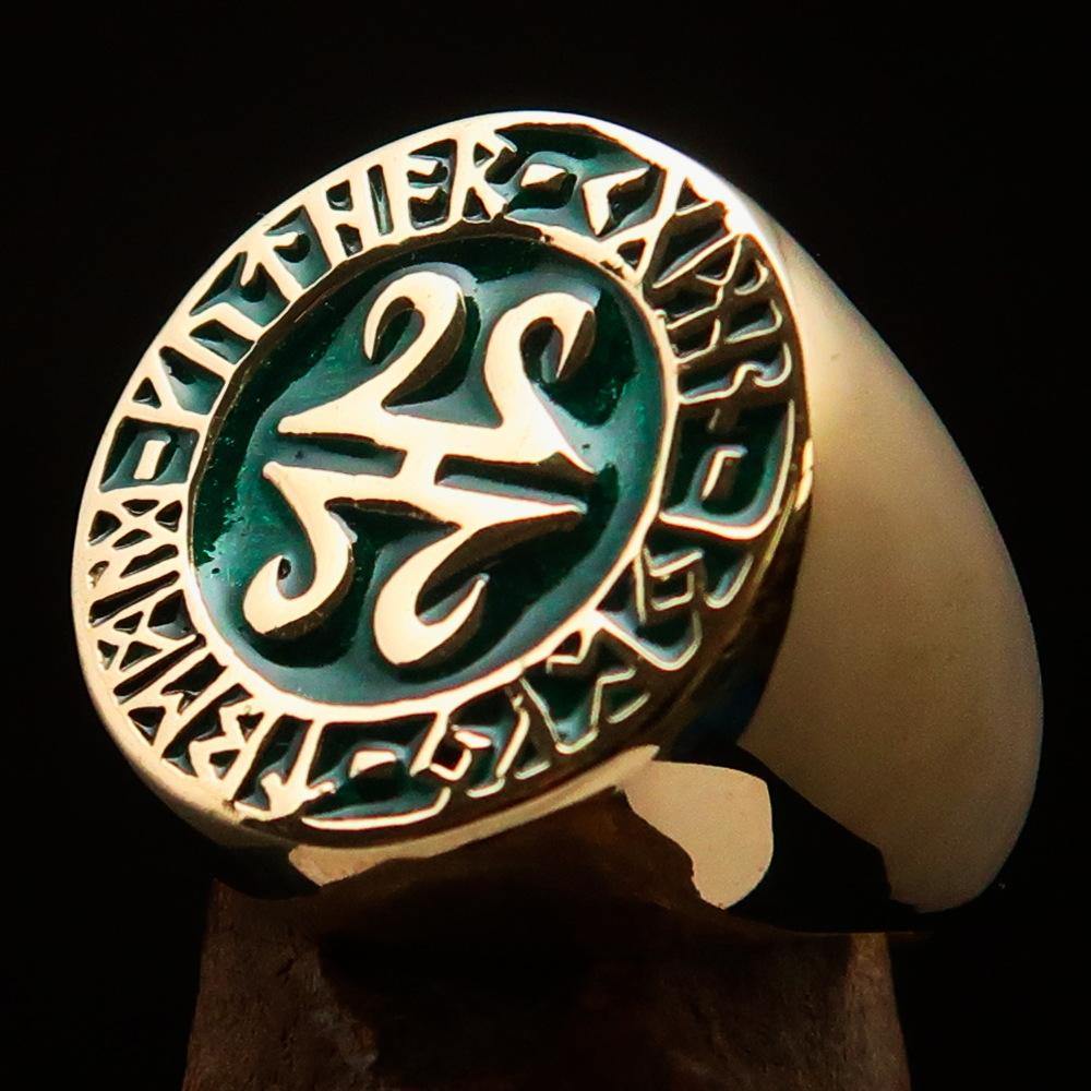 Men's ancient Viking Runes Ring made of solid brass with green enamel, featuring intricate rune designs.