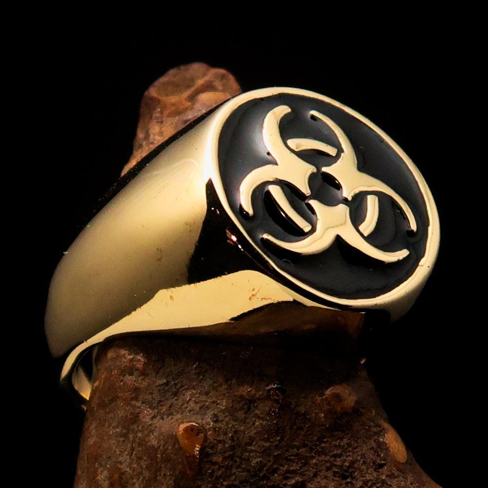 Men's Bio Hazard Ring featuring a black Toxic Waste Symbol, crafted from solid brass with a high polished enamel finish.