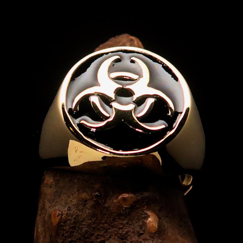 Men's Bio Hazard Ring featuring a black Toxic Waste Symbol, crafted from solid brass with a high polished enamel finish.