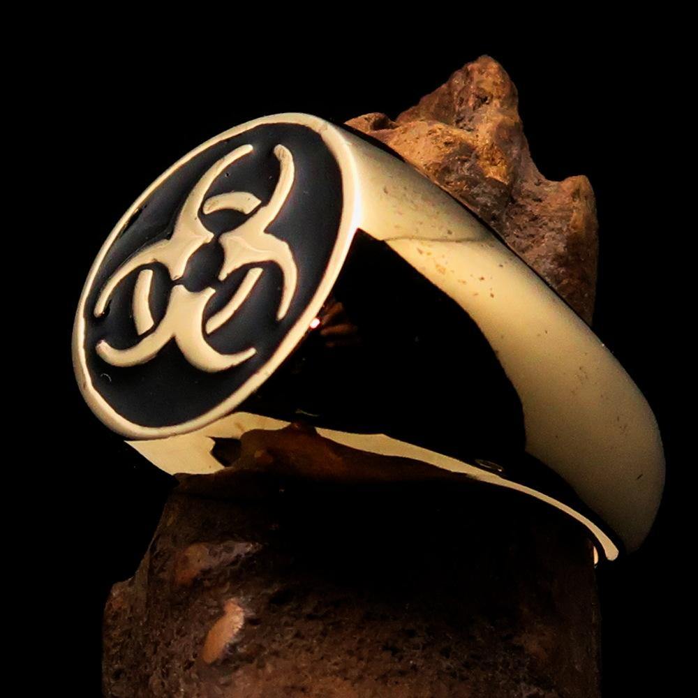 Men's Bio Hazard Ring featuring a black Toxic Waste Symbol, crafted from solid brass with a high polished enamel finish.