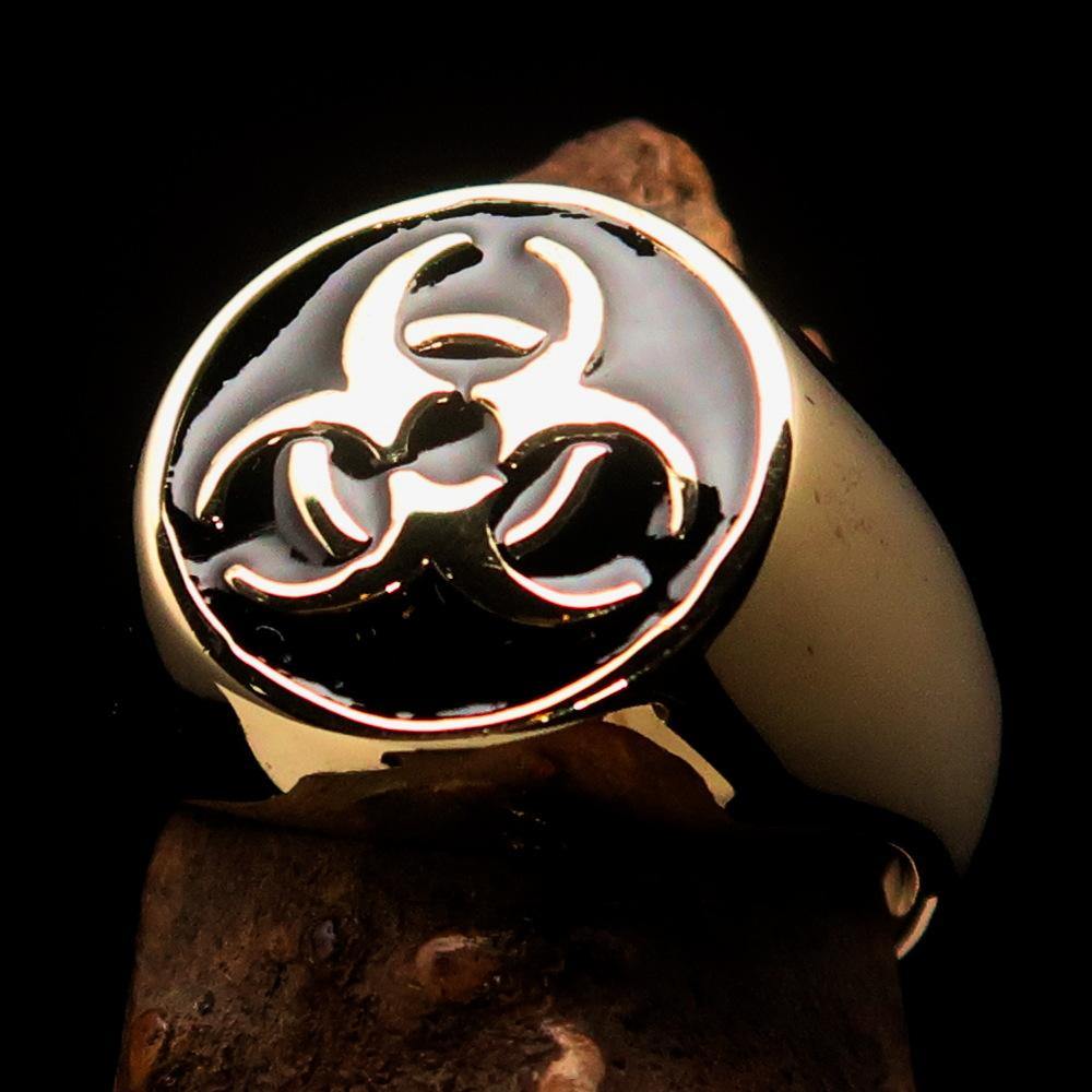 Men's Bio Hazard Ring featuring a black Toxic Waste Symbol, crafted from solid brass with a high polished enamel finish.
