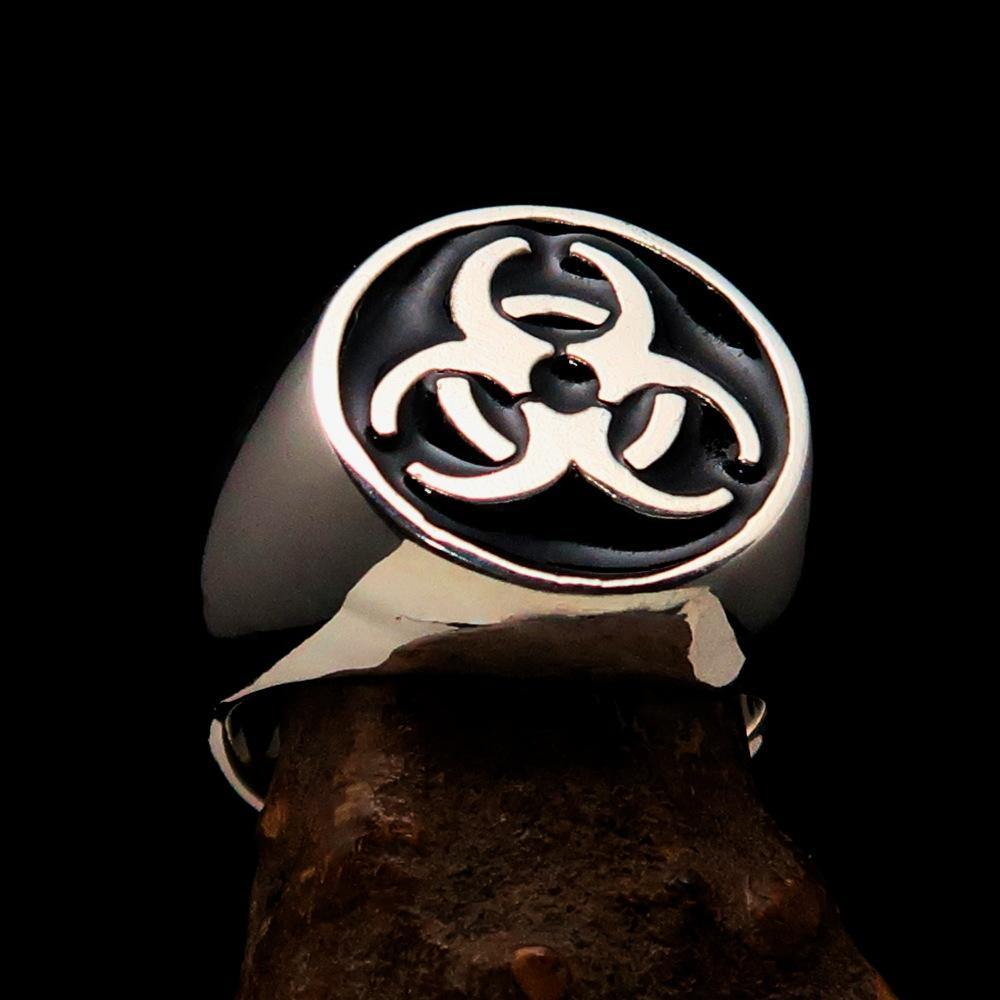 Men's Biohazard Ring made of solid sterling silver with a black toxic waste symbol, featuring a high polished enamel finish.