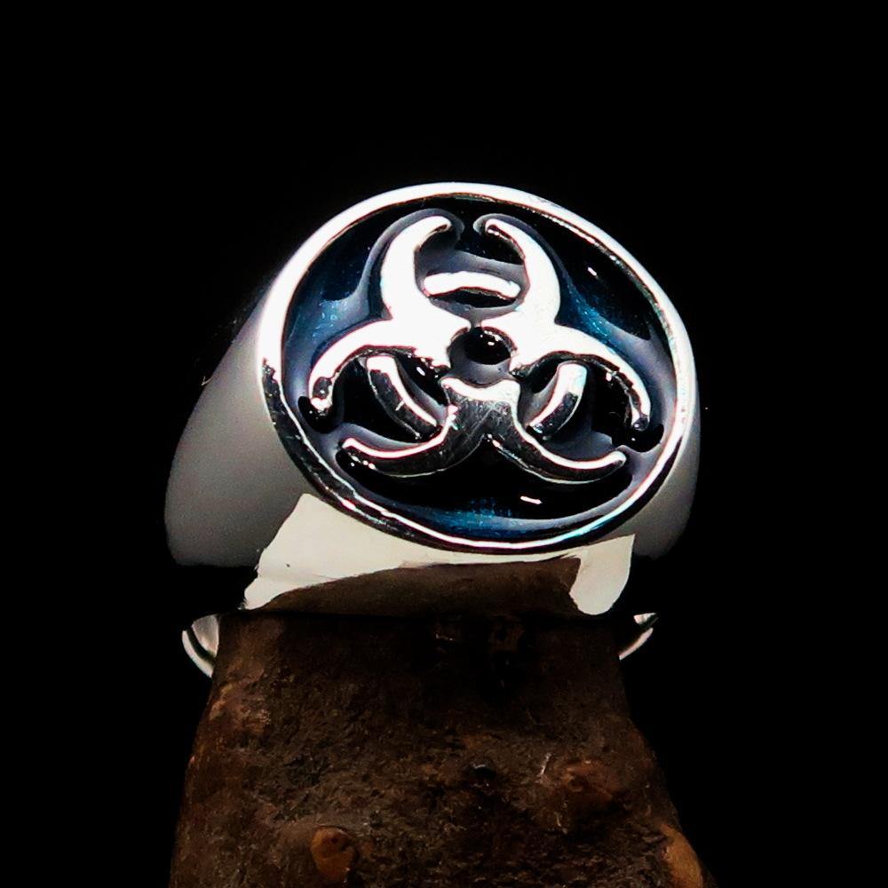 Men's Biohazard Ring made of sterling silver featuring a blue toxic waste symbol, high polished with enamel finish.
