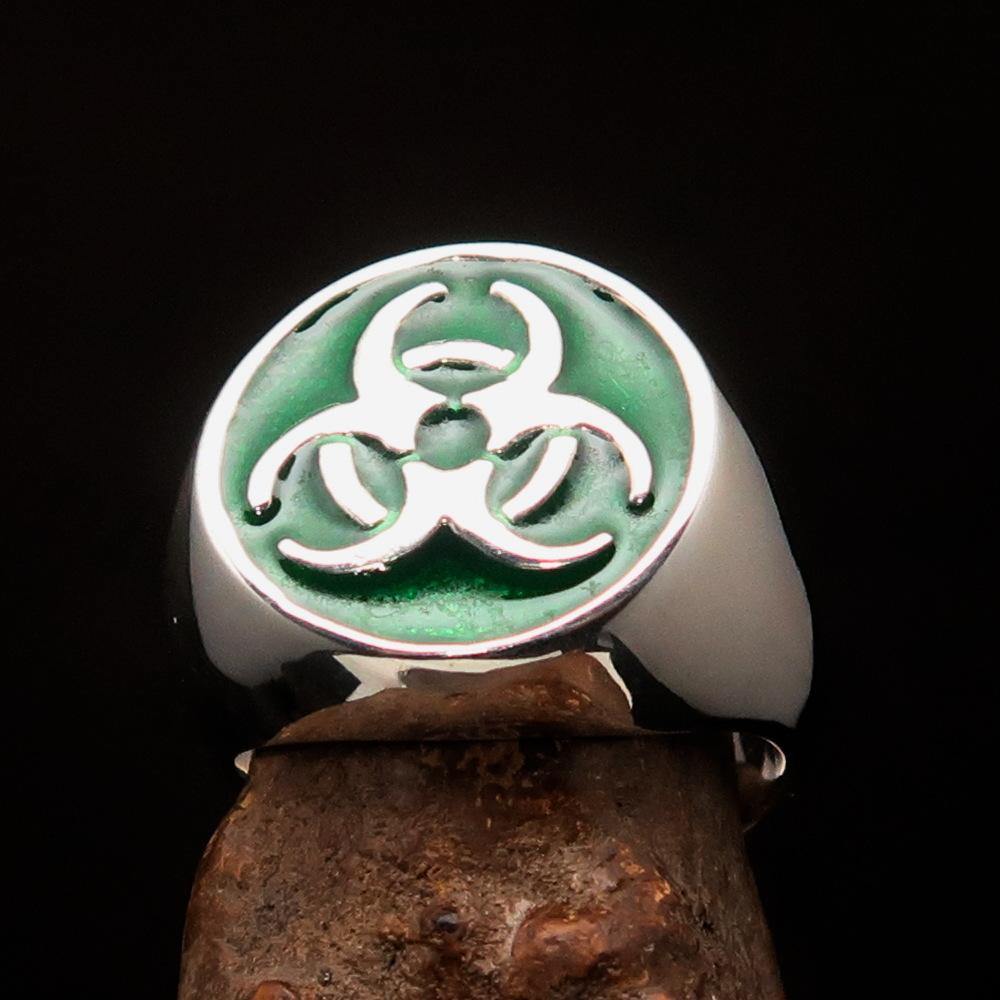 Men's Biohazard Ring made of solid sterling silver featuring a green Toxic Waste Symbol, high polished with enamel finish.