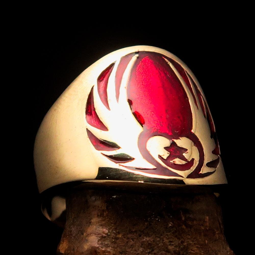 Men's Claddagh Pinky Ring featuring a red winged heart design, crafted from solid brass with a high polish and enamel finish.