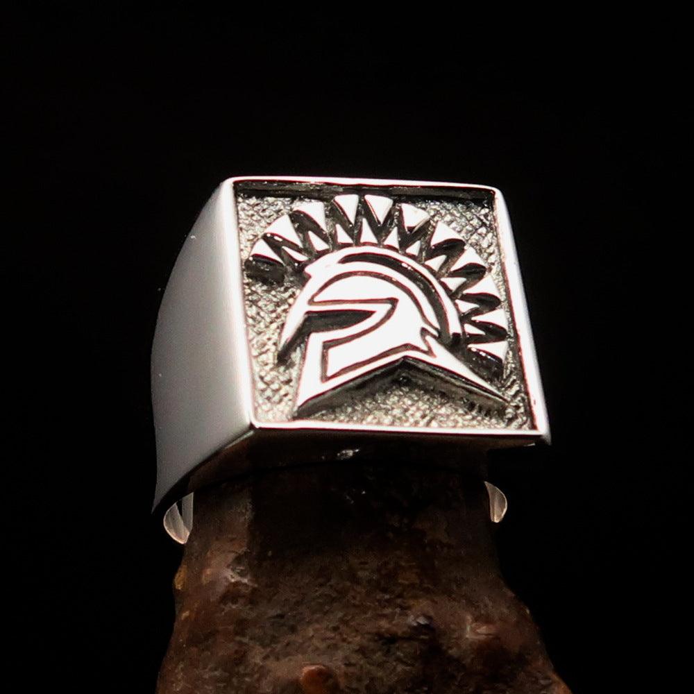 Men's Greek Warrior Ring in two-tone Sterling Silver, featuring a polished and matte finish with a unique design.