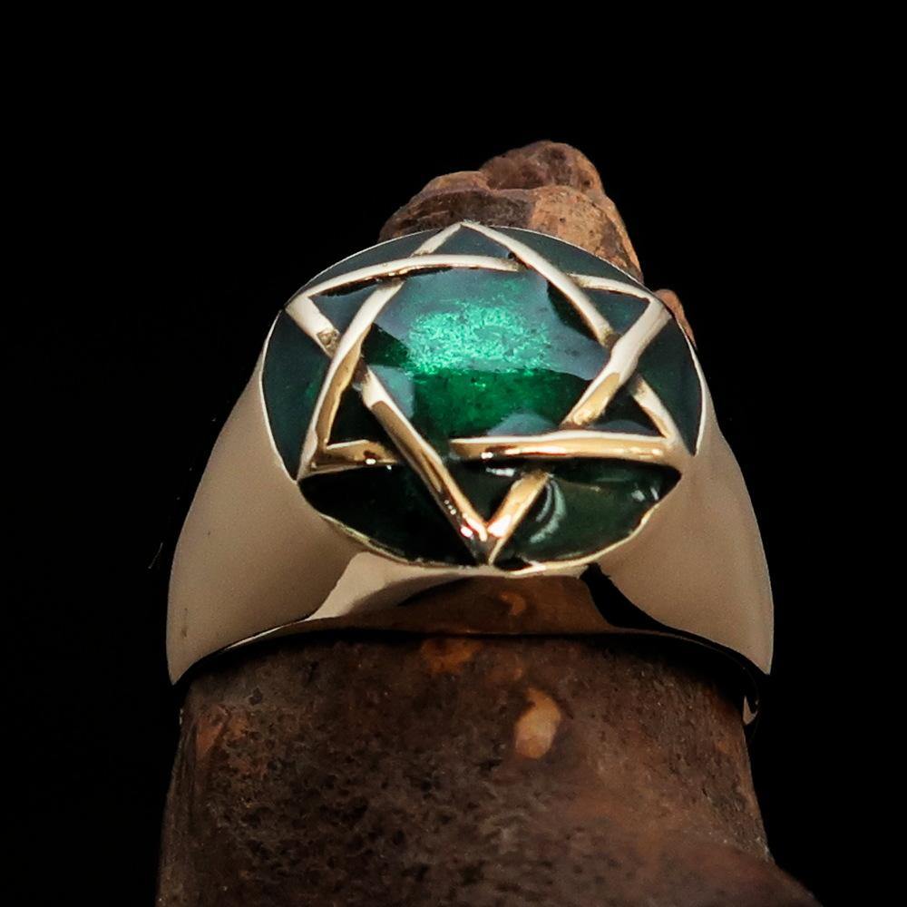 Men's Hebrew Pinky Ring featuring a Green Star of David, crafted from solid brass with a high polished enamel finish.
