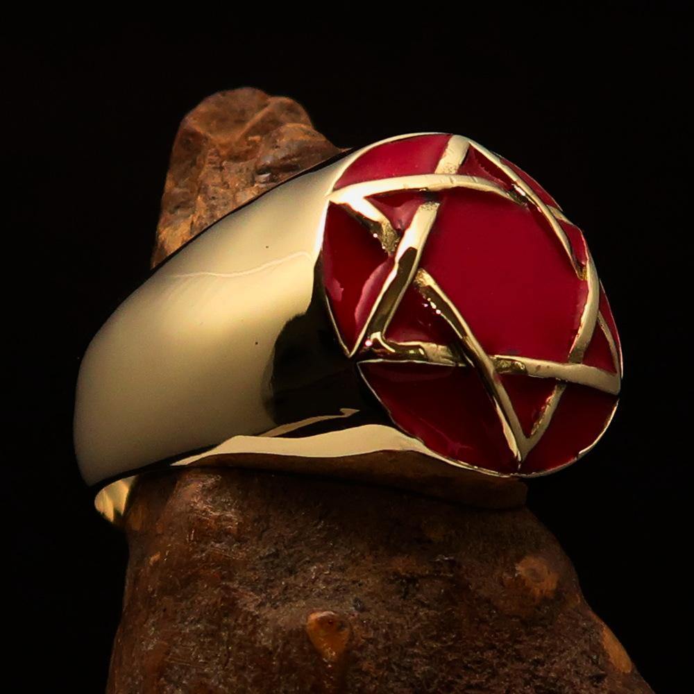 Men's Hebrew Pinky Ring made of solid brass featuring a high polished Red Star of David design with enamel finish.