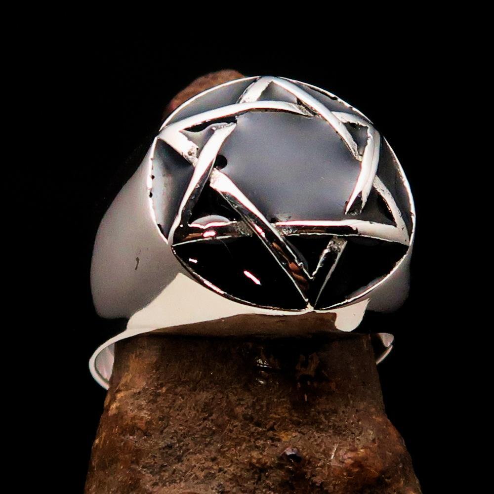 Men's Hebrew Ring made of solid sterling silver featuring a Black Star of David design, high polished with enamel finish.