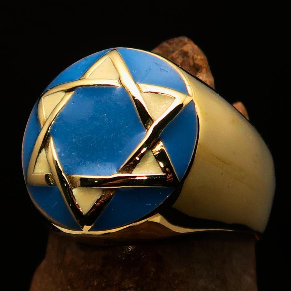 Men's Hebrew Ring featuring a Blue and White Star of David design, crafted from solid brass with a high polished finish and enamel.