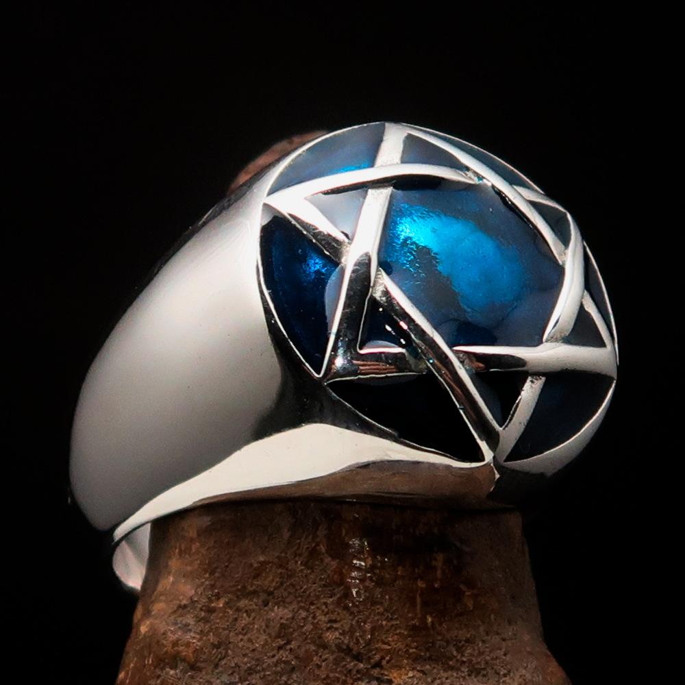 Men's Hebrew Ring made of solid sterling silver featuring a Blue Star of David design with a high polished enamel finish.