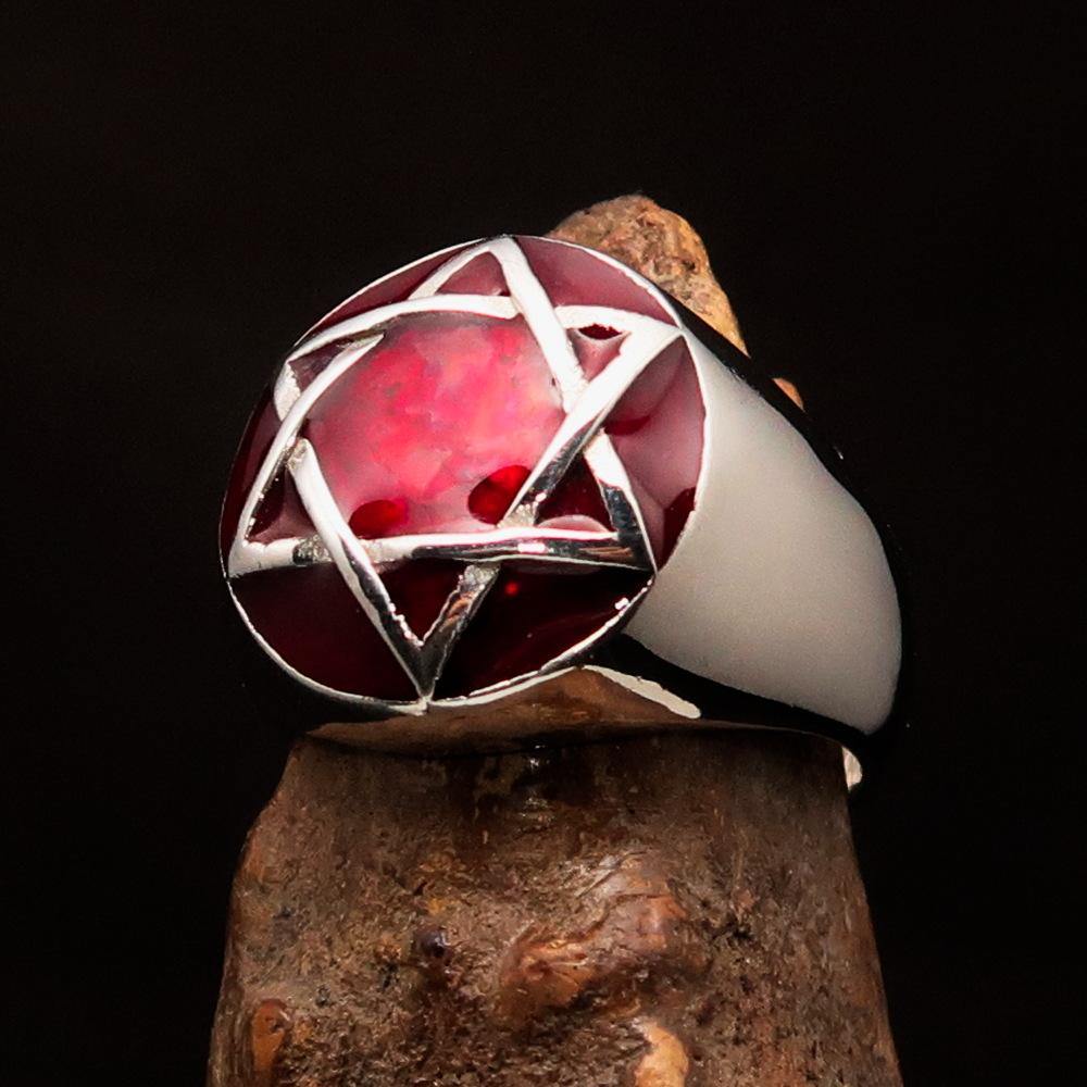 Men's Hebrew Ring featuring a Red Star of David, crafted from solid sterling silver with a high-polished finish and vibrant red enamel.