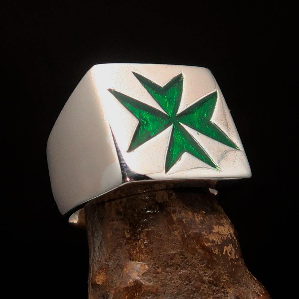 Men's Knight Ring featuring a Maltese Cross design in solid sterling silver with green enamel finish.