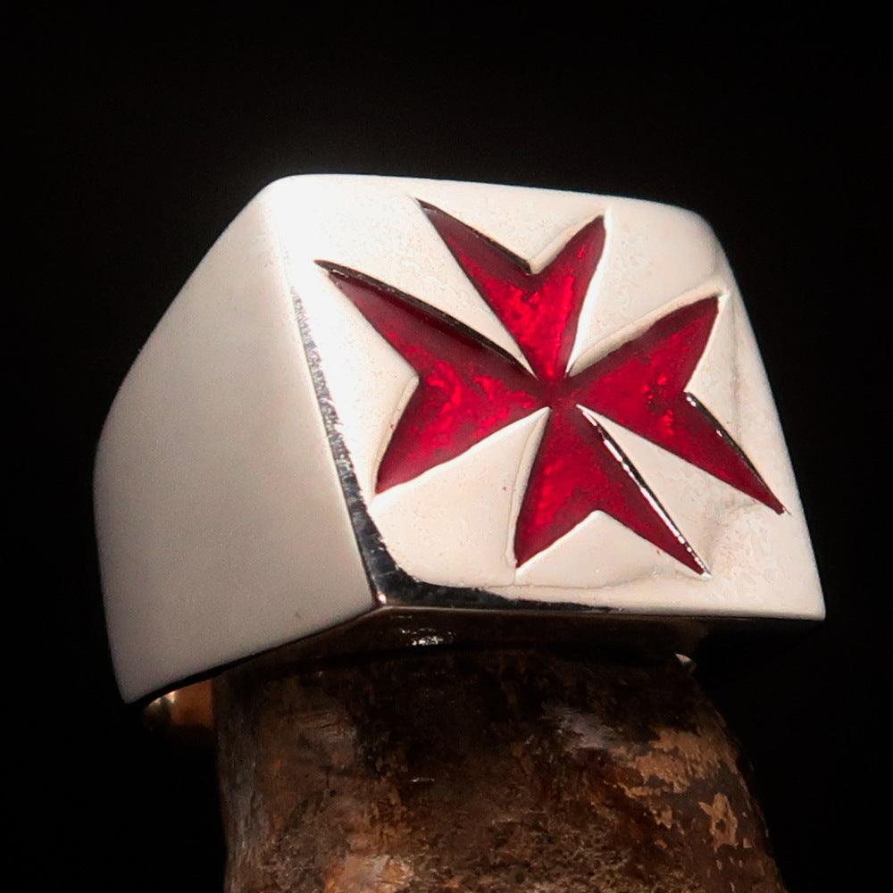 Men's Knight Ring featuring a Maltese Cross design in solid sterling silver with red enamel finish.