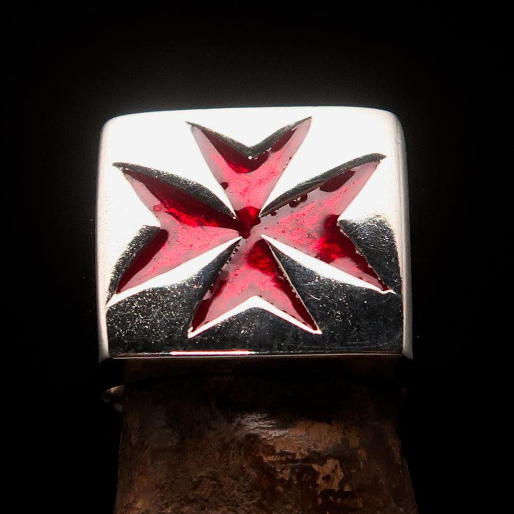 Men's Knight Ring featuring a Maltese Cross design in solid sterling silver with red enamel finish.