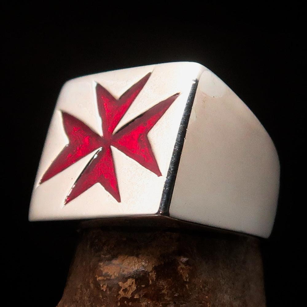 Men's Knight Ring featuring a Maltese Cross design in solid sterling silver with red enamel finish.